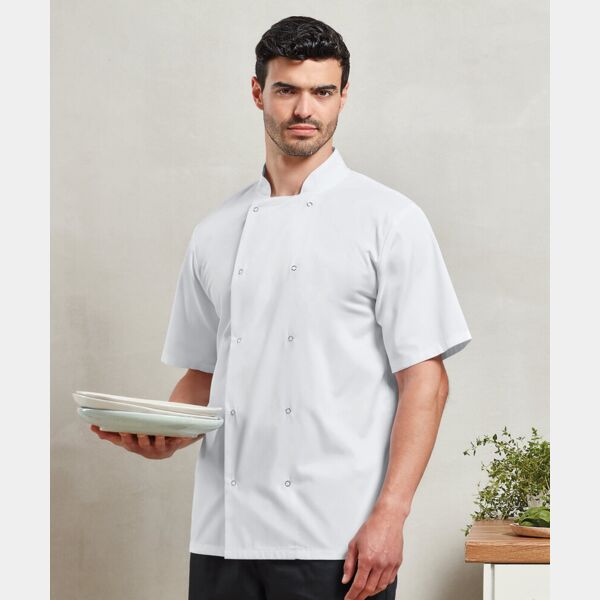 Studded front short sleeve chef's jacket Thumbnail